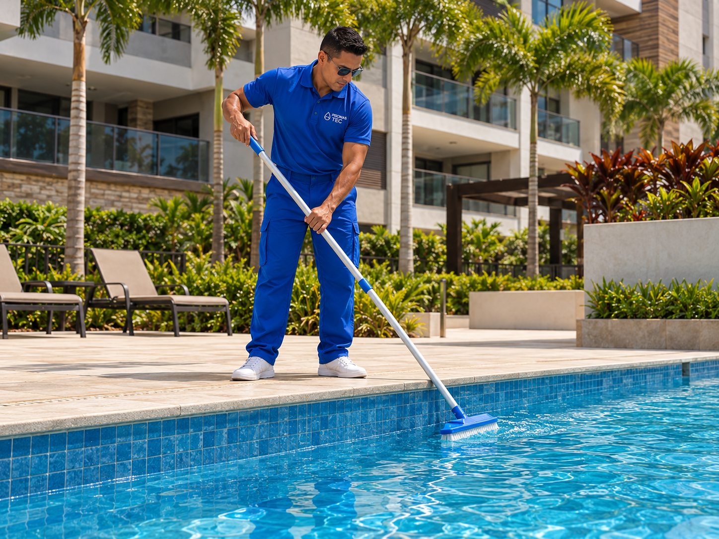 Profissional com uniforme azul da Piscinas Tec realizando a limpeza da piscina com escova e cabo telescópico