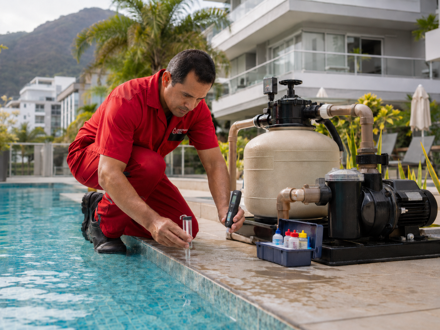 Técnico fazendo manutenção profissional em equipamento de piscina